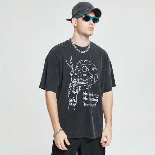 Custom Skeleton T Shirts Acid Washing Screen Printing Oversize Men Dark Tshirts