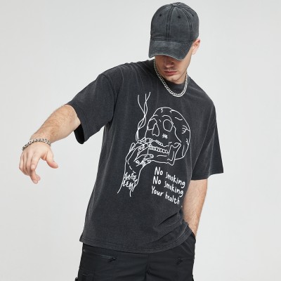 Custom Skeleton T Shirts Acid Washing Screen Printing Oversize Men Dark Tshirts
