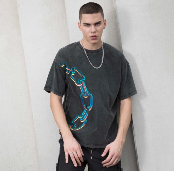 Herstellung individueller T-Shirts mit Wärmeübertragungsdruck, gewaschene, grafische Baumwoll-T-Shirts in dunkler Farbe