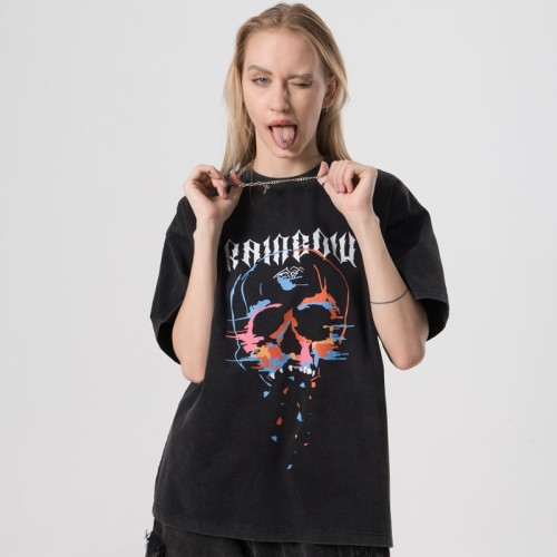 Уличная одежда на заказ Темные футболки | Женская футболка с горячим трансферным принтом, вымытая снегом | Футболки с принтом скелетов