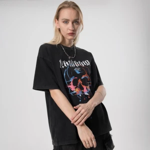 Benutzerdefinierte Streetwear dunkle T-Shirts | Snow Washed Hot Transferdruck T-Shirt Damen | T-Shirts mit Skelett-Print