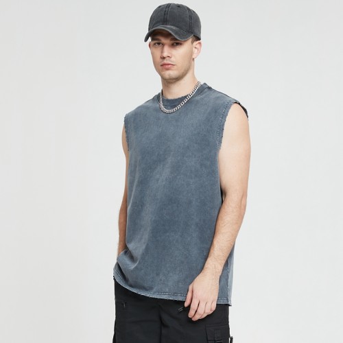 Sleeveless Tshirts Custom 280g Acid Wash Oversize Men 100% Cotton Dark Tank Tops