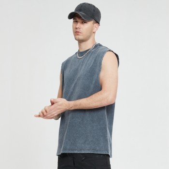 Sleeveless Tshirts Custom 280g Acid Wash Oversize Men 100% Cotton Dark Tshirts