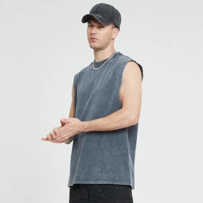 Sleeveless Tshirts Custom 280g Acid Wash Oversize Men 100% Cotton Dark Tank Tops