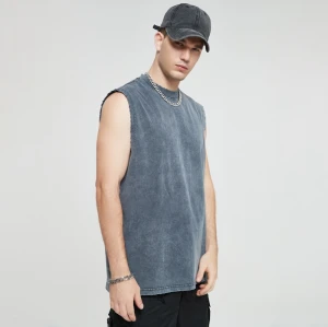 Sleeveless Tshirts Custom 280g Acid Wash Oversize Men 100% Cotton Dark Tank Tops