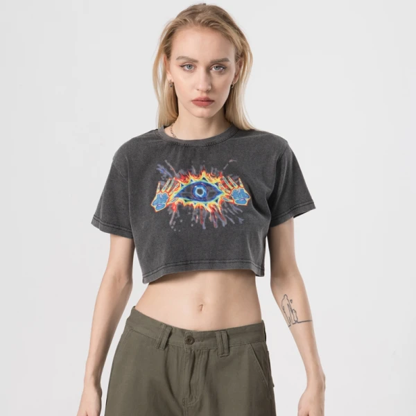 Washed T-shirts Mystery Hot Transfer Print Crop T-shirts Manufacturer