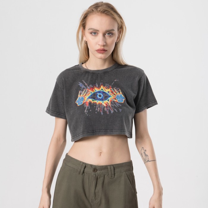Gewaschene T-Shirts Hersteller von Mystery Hot Transferdruck-Crop-T-Shirts
