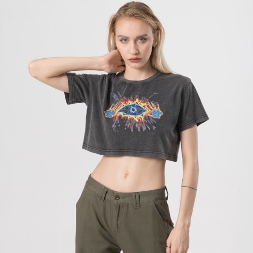 Washed T-shirts Mystery Hot Transfer Print Crop T-shirts Manufacturer