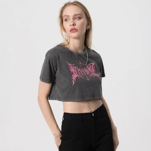 Maßgeschneidertes, gewaschenes Crop-Top für Damen mit Mystery Hot-Transferdruck-Crop-T-Shirts