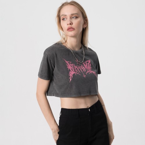Индивидуальные промытые укороченные топы, женские укороченные футболки с горячим трансферным принтом Mystery