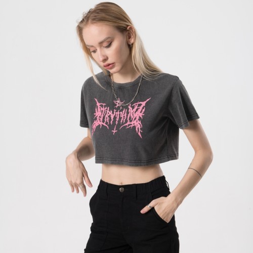 Customized Washed Crop Top Women Mystery Hot Transfer Print Crop T-shirts