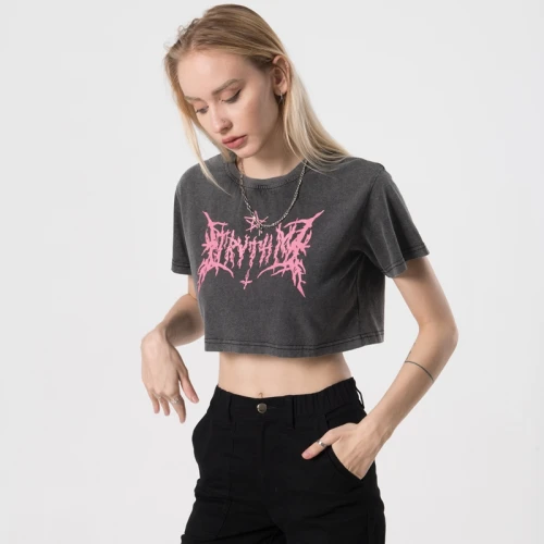 Maßgeschneidertes, gewaschenes Crop-Top für Damen mit Mystery Hot-Transferdruck-Crop-T-Shirts
