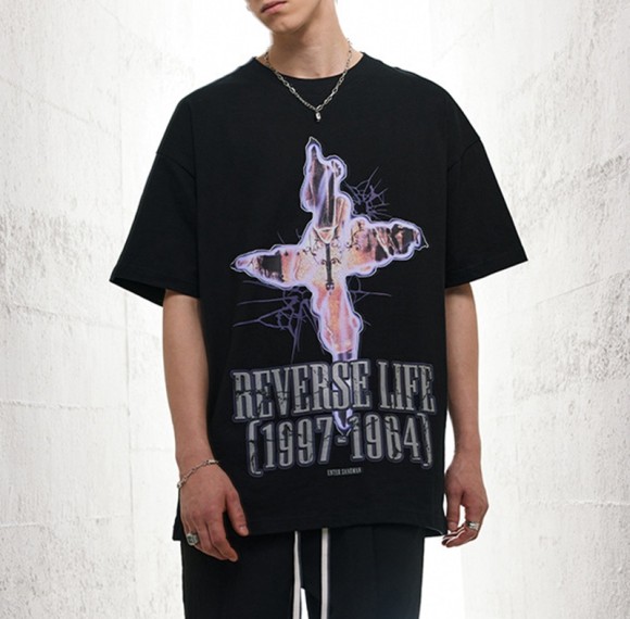 Custom Tshirts Direct Injection Printing 100% Cotton Oversized Fit Dark Men Cross Print Tshirts