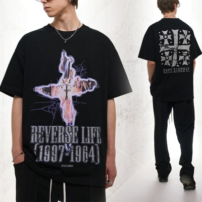 Custom Tshirts Direct Injection Printing 100% Cotton Oversized Fit Dark Men Cross Print Tshirts