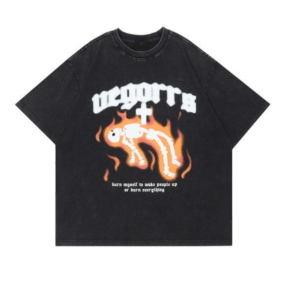 Hersteller Custom Vintage T-Shirts, Logo-Print, Waschung, Übergröße, Skelett-Feuer-T-Shirt aus 100 % Baumwolle