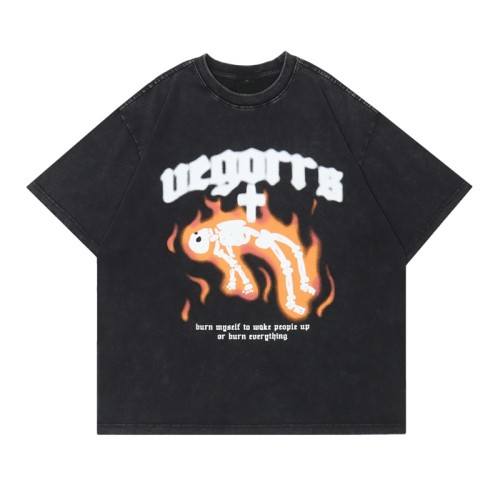 Hersteller Custom Vintage T-Shirts, Logo-Print, Waschung, Übergröße, Skelett-Feuer-T-Shirt aus 100 % Baumwolle