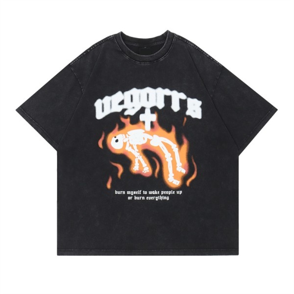 Hersteller Custom Vintage T-Shirts, Logo-gedrucktes, übergroßes Skelett-Feuer-T-Shirt aus 100 % Baumwolle