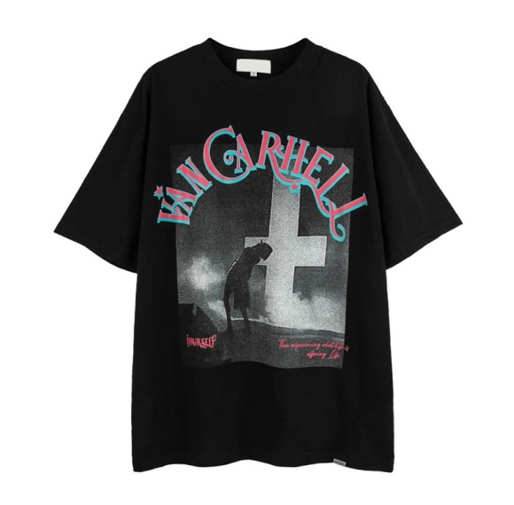 Herstellung von Baumwoll-T-Shirts, Lieferanten von T-Shirts, bedruckte, kurzärmlige T-Shirts aus gewaschener Baumwolle mit dunklem Kreuz