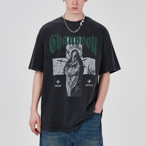 Großhandel T-Shirts Acid Wash Kurzarm Baumwolle Holy Cross Vintage T-Shirts