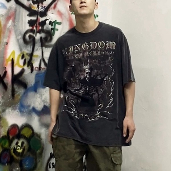 Benutzerdefinierte T-Shirts mit Skelett-Musterdruck, säuregewaschen, übergroße, dunkle Vintage-T-Shirts aus Baumwolle