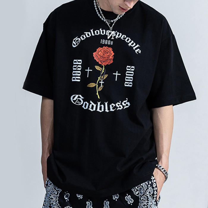 Design Tshirts White Ink Printing 100% Cotton Oversized Dark Romantic Men Rose Tshirts