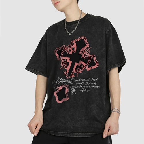 Manufacturing Custom T-shirts White Ink Direct Injection Washed Cotton Dark Cross T-shirts
