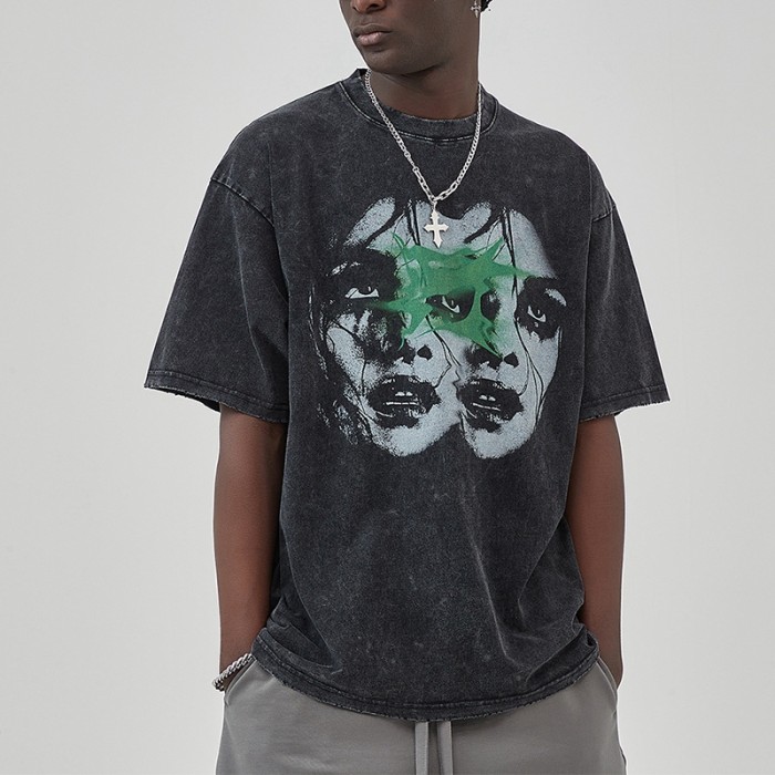 Herstellung von Dark Snow Washed T-Shirts mit weißer Tinte und Direkteinspritzung aus Baumwolle in dunkler Übergröße