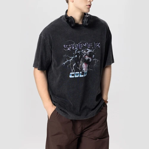 Private Label T-shirts White Ink Print Washed Animal Prints T Shirts