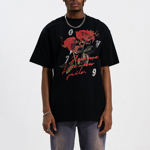 Factory Tshirts Rose Dark Rhinestone Summer Printing Drop Shoulder Men T-Shirts