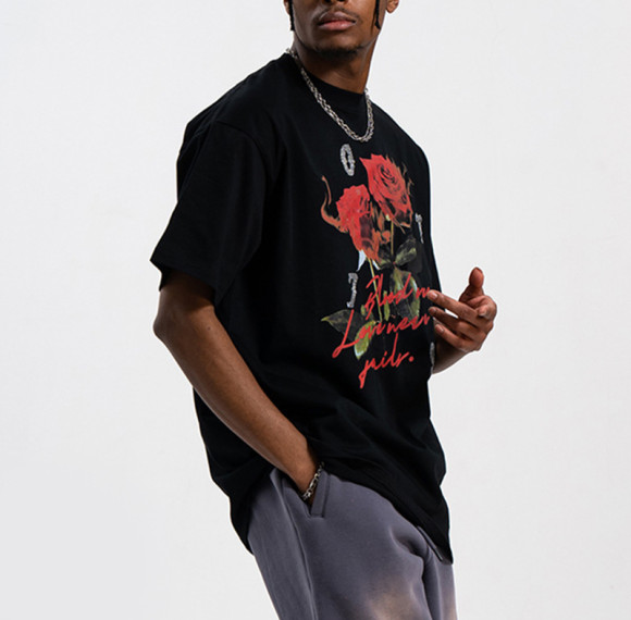 Factory Tshirts Rose Dark Rhinestone Summer Printing Drop Shoulder Men T-Shirts