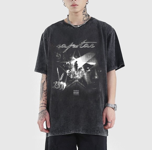 Customized Design Tshirts Direct Injection Printing Acid Wash Oversize Cotton Mystery Symbols Tshirt