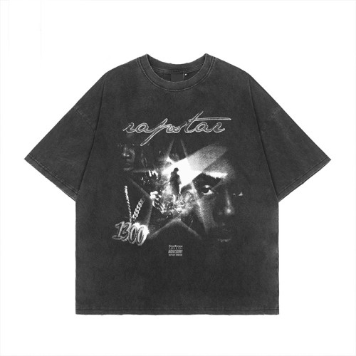 Customized Design Tshirts Direct Injection Printing Acid Wash Oversize Cotton Mystery Symbols Tshirt