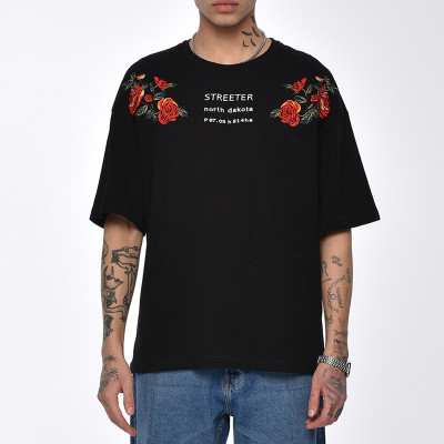 Individuelle T-Shirts mit Rosendruck, 100 % Baumwolle, übergroß, dunkelamerikanische, romantische Herren-Rosen-T-Shirts
