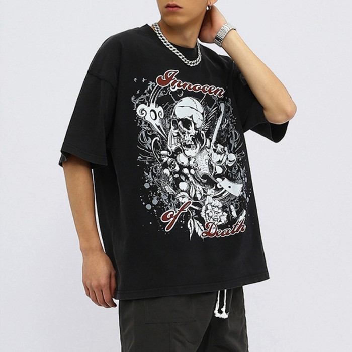 Benutzerdefinierter Druck: Gewaschene Skelette, DTG-Druck, kurzärmelige schwarze Herren-T-Shirts