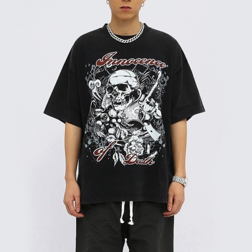 Custom Print Washed Skeletons DTG Printing Short Sleeve Black Men's Tshirts