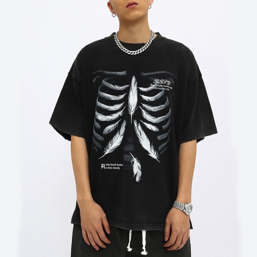 Custom Print Washed Tshirts Clothing Manufatcturer DTG Printing Skeleton Cotton Oversized Fit Tshirt