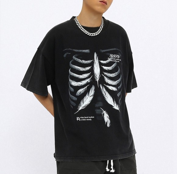 Gewaschene T-Shirts mit individuellem Aufdruck, Bekleidungshersteller, DTG-Druck, Skelett-Baumwolle, übergroßes T-Shirt