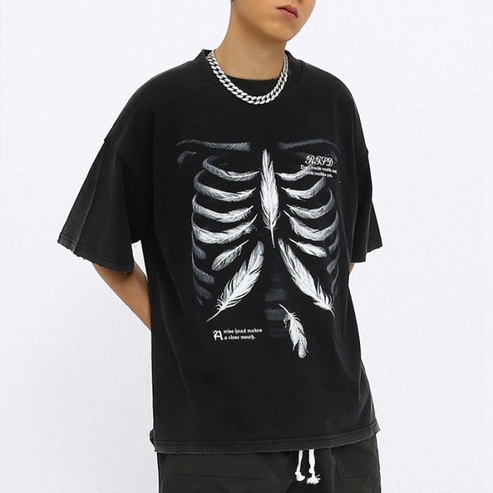 Gewaschene T-Shirts mit individuellem Aufdruck, Bekleidungshersteller, DTG-Druck, Skelett-Baumwolle, übergroßes T-Shirt