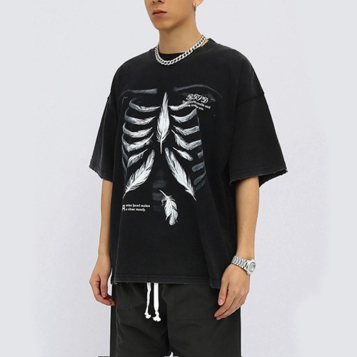 Стираные футболки с принтом на заказ, производитель одежды, хлопковая футболка с принтом скелета DTG, футболка большого размера