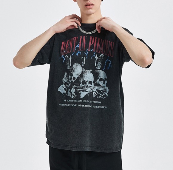 Custom Logo Wholesale Mens Black Acid Washed Tshirts Oversize 100% Cotton Skeleton T-shirt
