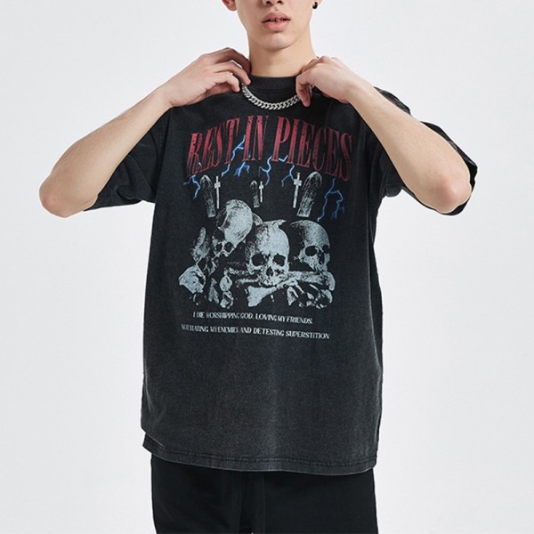 Custom Logo Wholesale Mens Black Acid Washed Tshirts Oversize 100% Cotton Skeleton T-shirt