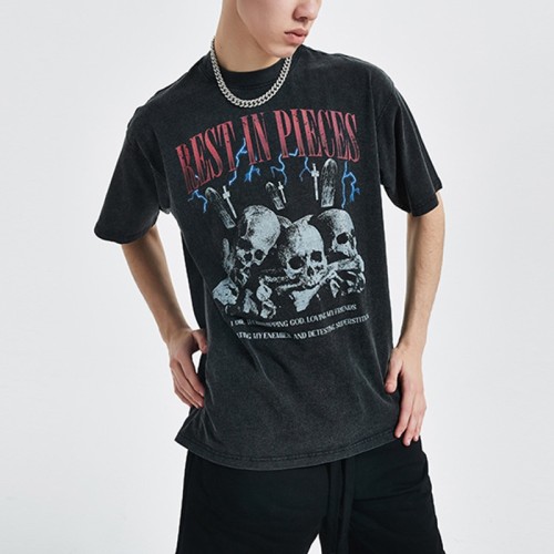 Мужские черные промытые кислотой футболки с логотипом оптом, футболка большого размера из 100% хлопка со скелетом