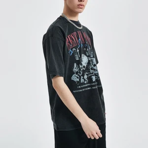 Custom Logo Wholesale Mens Black Acid Washed Tshirts Oversize 100% Cotton Skeleton T-shirt