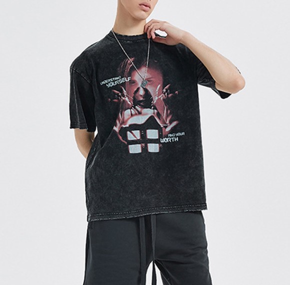 Custom Tshirts Summer Irregular Men Acid Wash Tshirts Vintage Oversized Fit Cotton Dark Tshirts