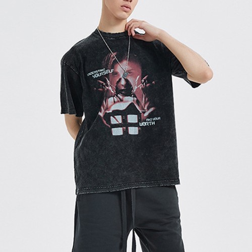 Футболки на заказ, летние нерегулярные мужские футболки с кислотной стиркой, винтажные хлопковые темные футболки большого размера