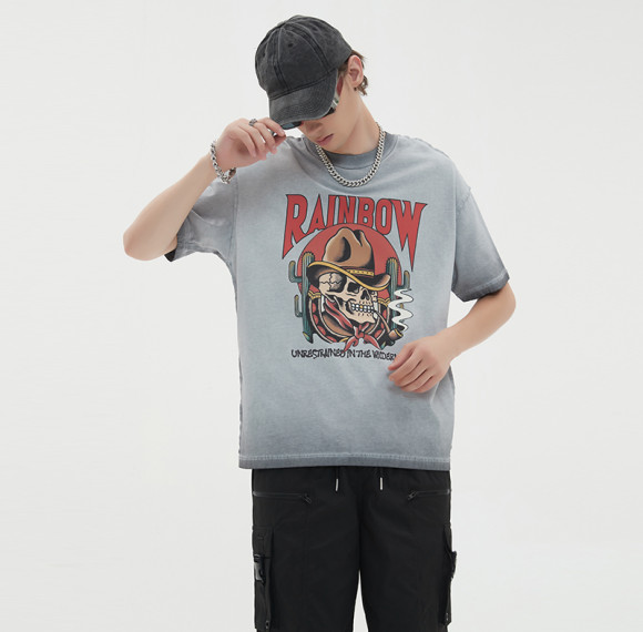 Herstellung individueller T-Shirts, bedrucktes, übergroßes Skelett-T-Shirt aus 100 % Baumwolle mit Säurewaschung