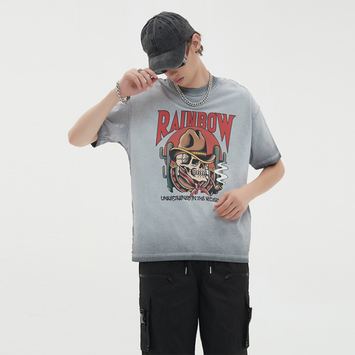 Herstellung individueller T-Shirts, bedrucktes, übergroßes Skelett-T-Shirt aus 100 % Baumwolle mit Säurewaschung