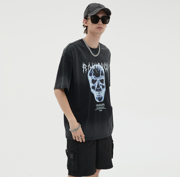 Custom Vintage Wash Tshirts Service Herren T-Shirt Acid Wash Übergröße Skelett-T-Shirt aus 100 % Baumwolle