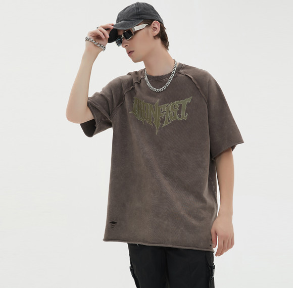 Individuell gewaschene T-Shirts mit Buchstabendruck, Wash Destroy Curling Cotton Vintage T-Shirts