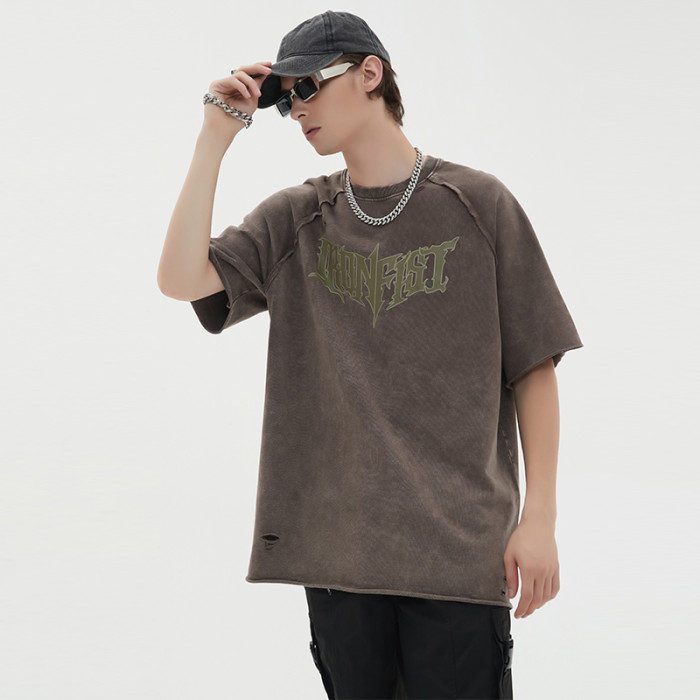 Individuell gewaschene T-Shirts mit Buchstabendruck, Wash Destroy Curling Cotton Vintage T-Shirts